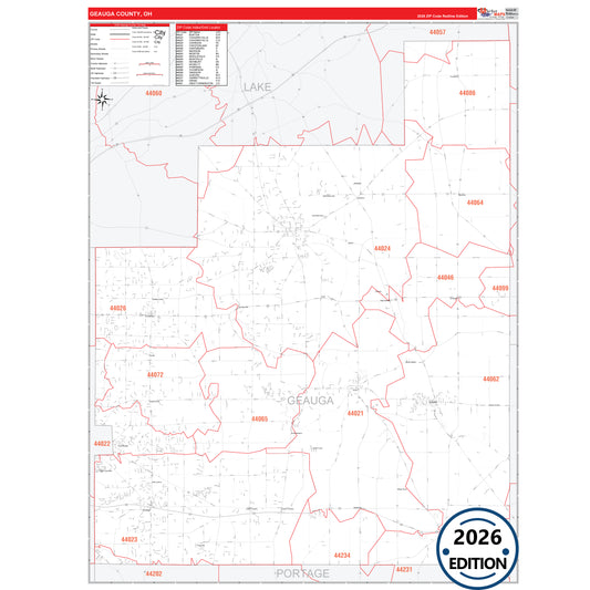 Geauga County, OH Red Line 5 Digit ZIP Code Wall Map