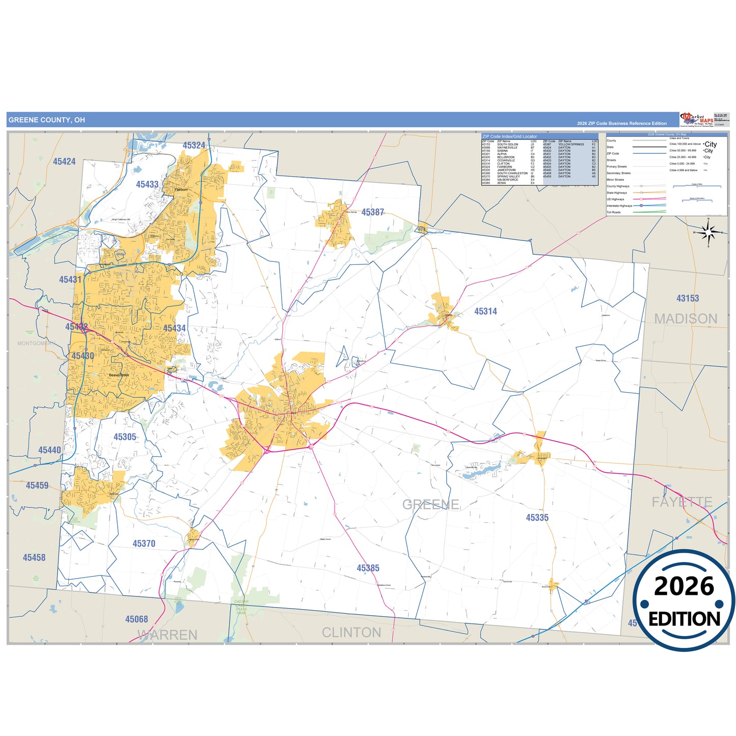 Greene County, OH Business Reference 5 Digit ZIP Code Wall Map