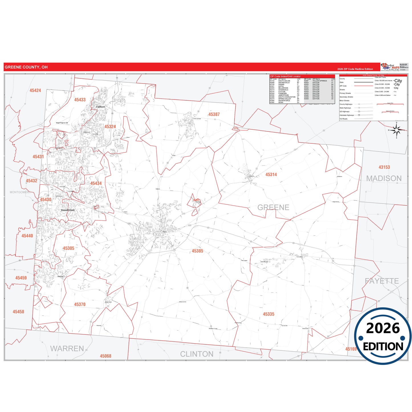 Greene County, OH Red Line 5 Digit ZIP Code Wall Map