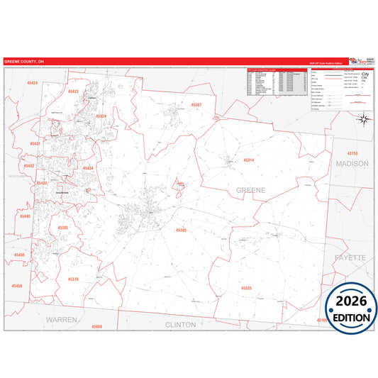 Greene County, OH Red Line 5 Digit ZIP Code Wall Map