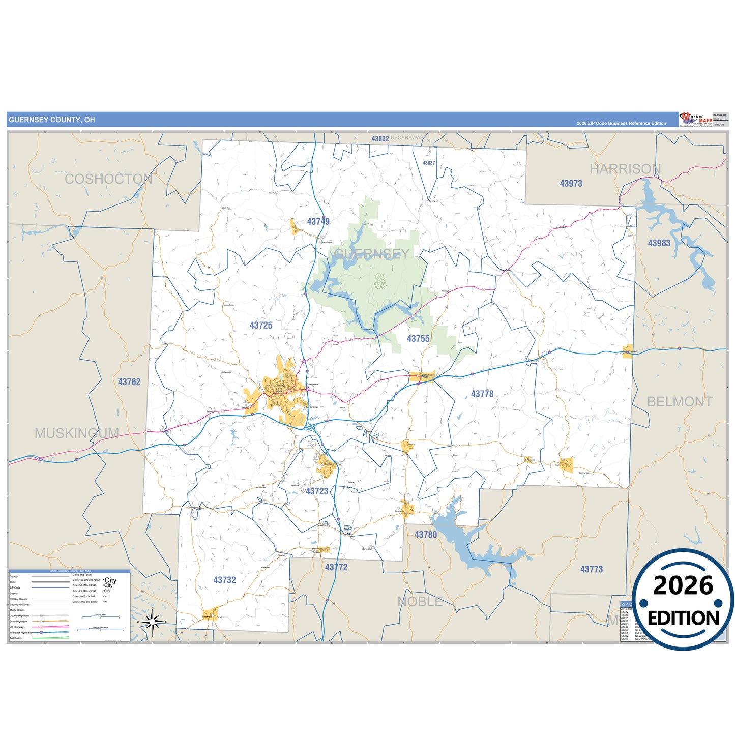 Guernsey County, OH Business Reference 5 Digit ZIP Code Wall Map