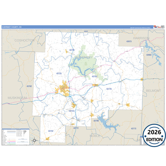Guernsey County, OH Business Reference 5 Digit ZIP Code Wall Map