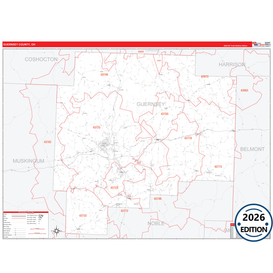 Guernsey County, OH Red Line 5 Digit ZIP Code Wall Map