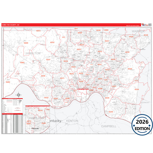 Hamilton County, OH Red Line 5 Digit ZIP Code Wall Map