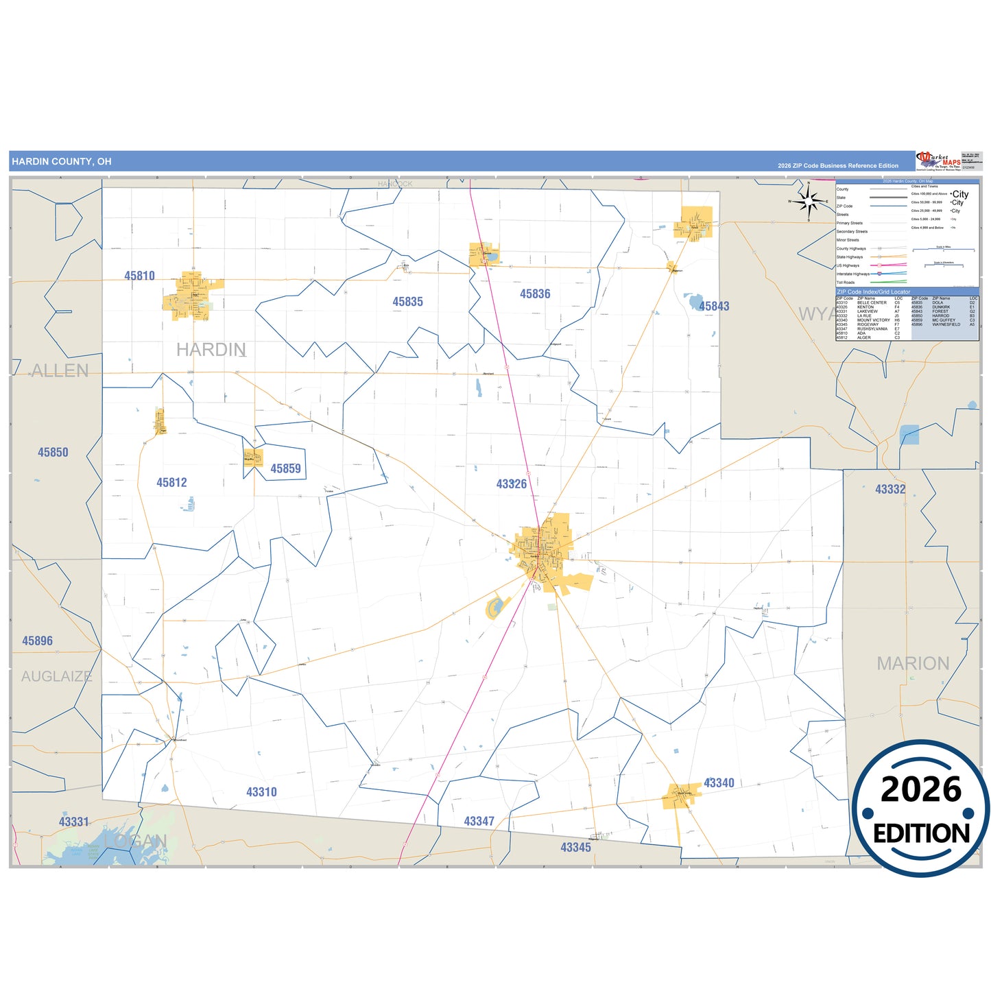 Hardin County, OH Business Reference 5 Digit ZIP Code Wall Map
