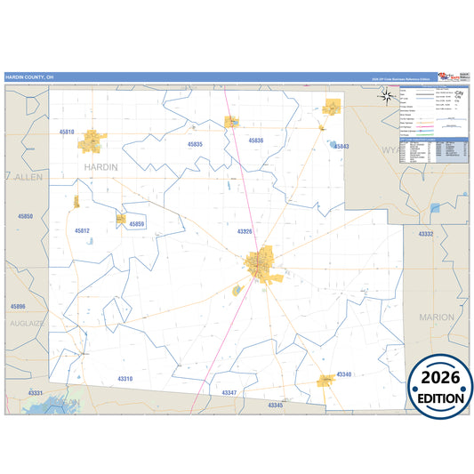 Hardin County, OH Business Reference 5 Digit ZIP Code Wall Map