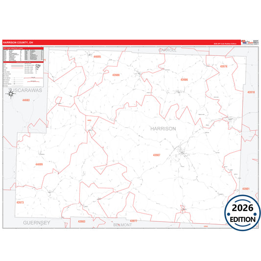 Harrison County, OH Red Line 5 Digit ZIP Code Wall Map
