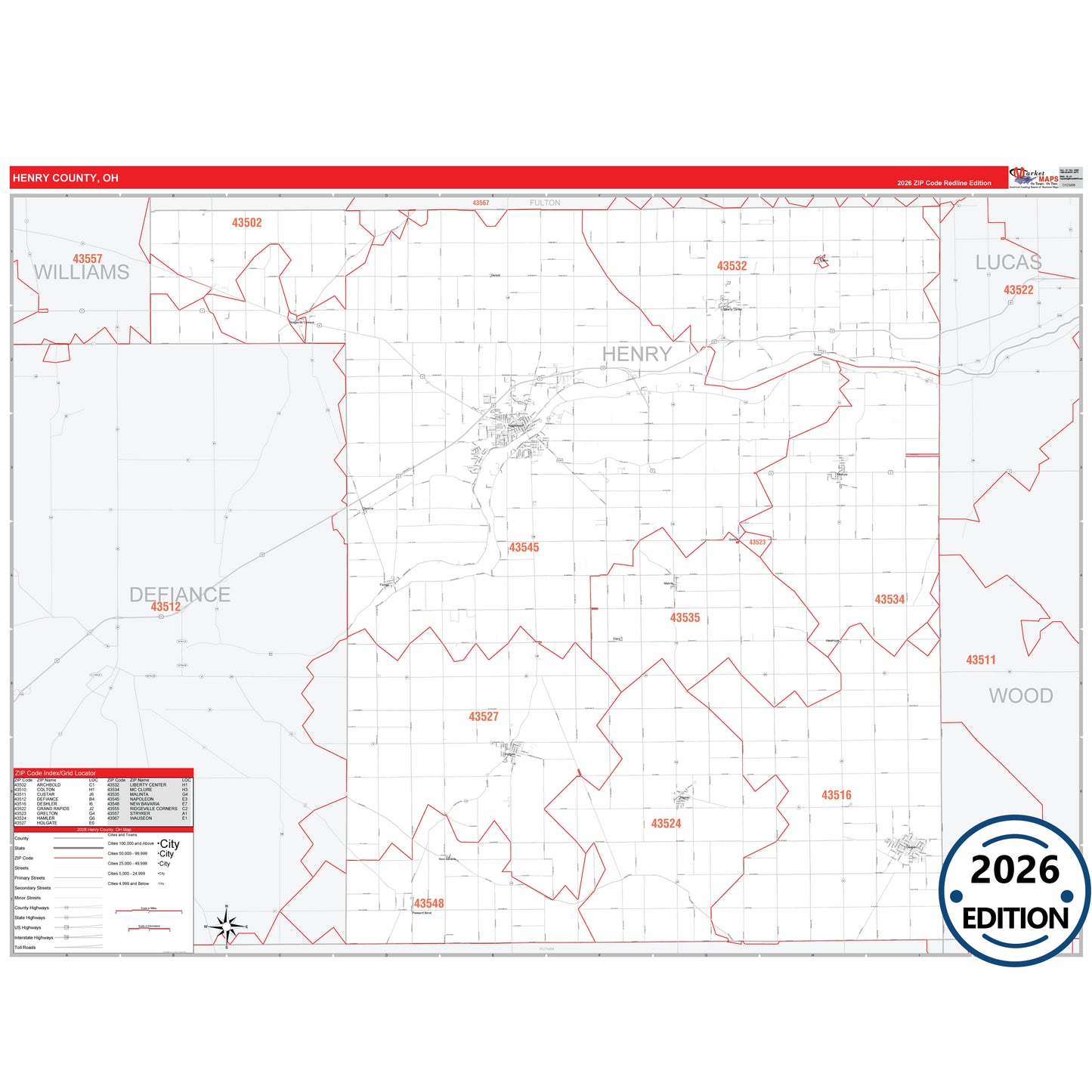 Henry County, OH Red Line 5 Digit ZIP Code Wall Map