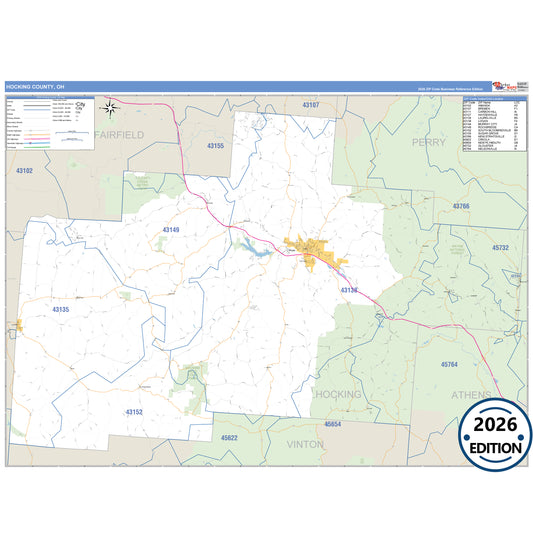 Hocking County, OH Business Reference 5 Digit ZIP Code Wall Map
