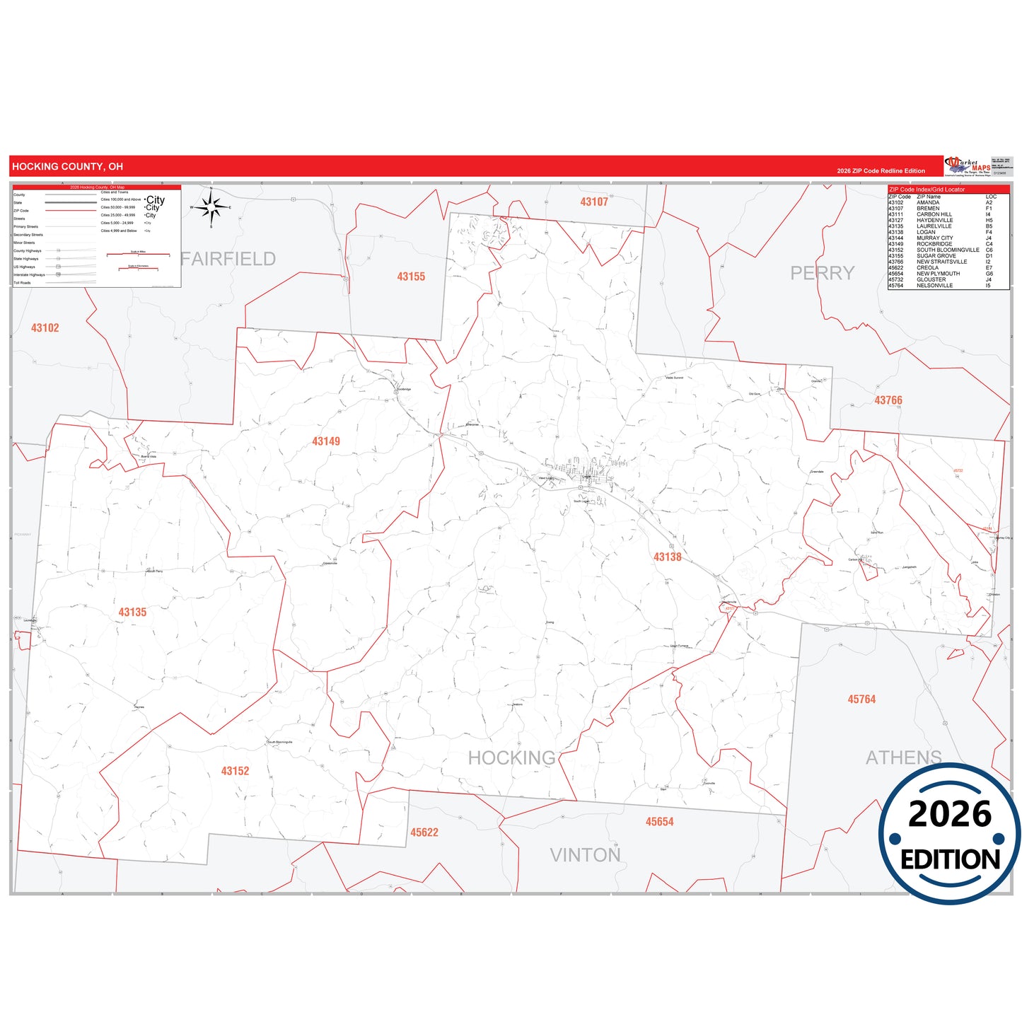 Hocking County, OH Red Line 5 Digit ZIP Code Wall Map