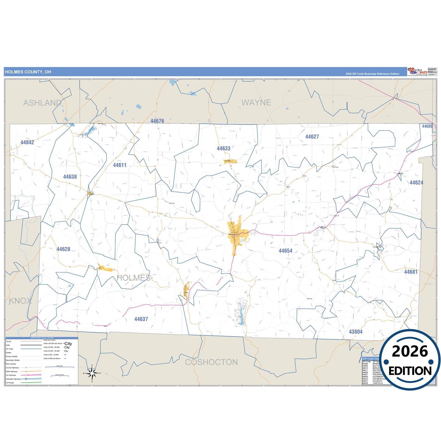 Holmes County, OH Business Reference 5 Digit ZIP Code Wall Map