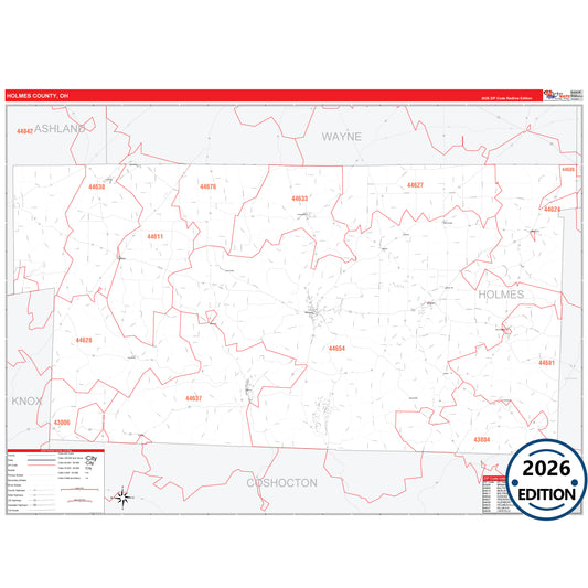 Holmes County, OH Red Line 5 Digit ZIP Code Wall Map