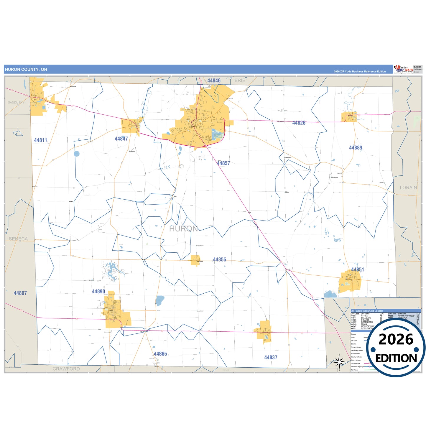 Huron County, OH Business Reference 5 Digit ZIP Code Wall Map