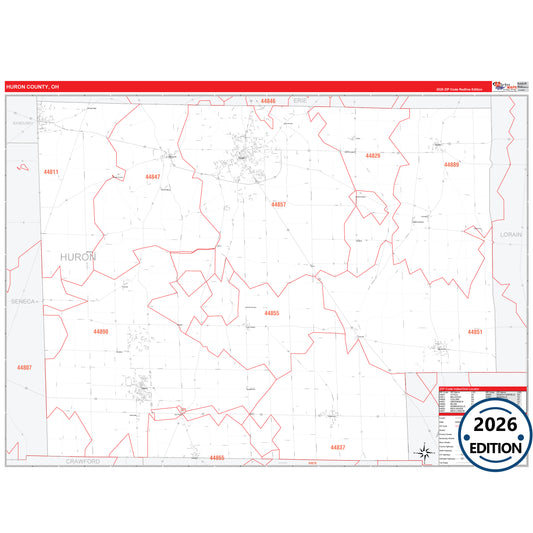 Huron County, OH Red Line 5 Digit ZIP Code Wall Map