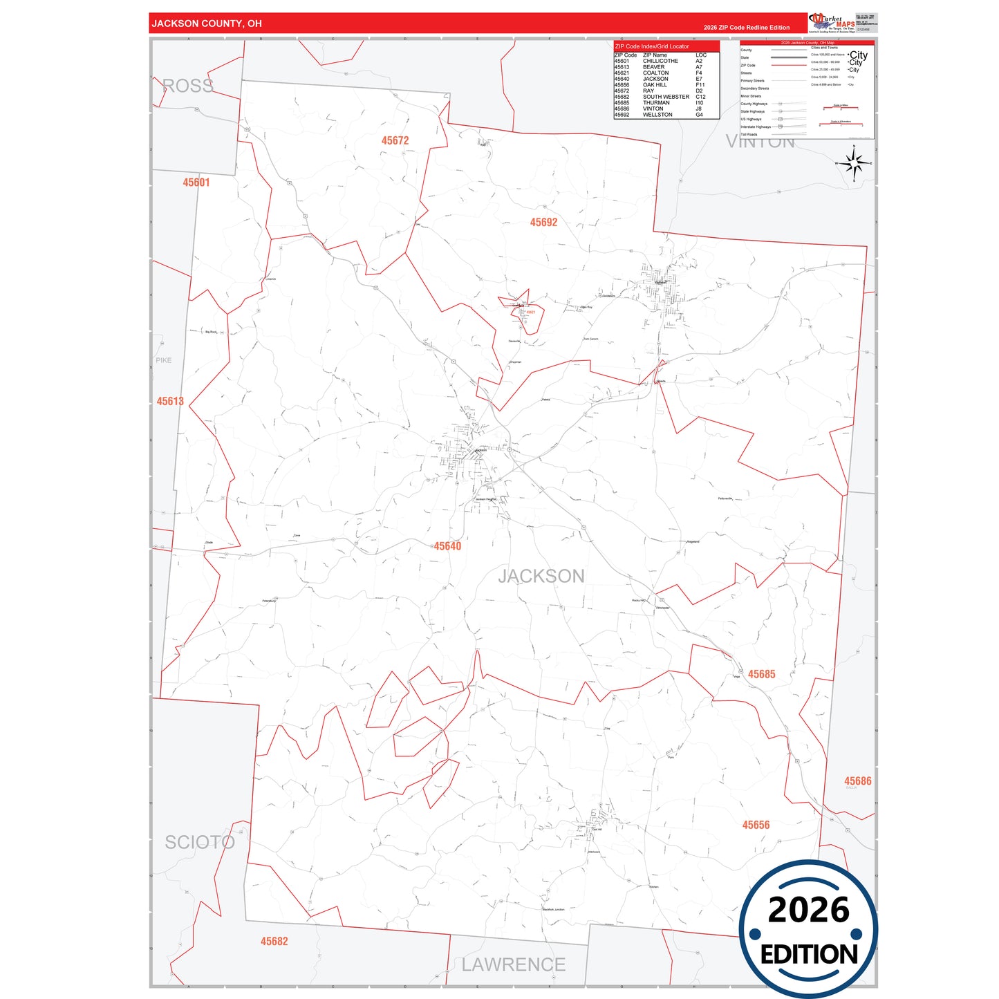 Jackson County, OH Red Line 5 Digit ZIP Code Wall Map