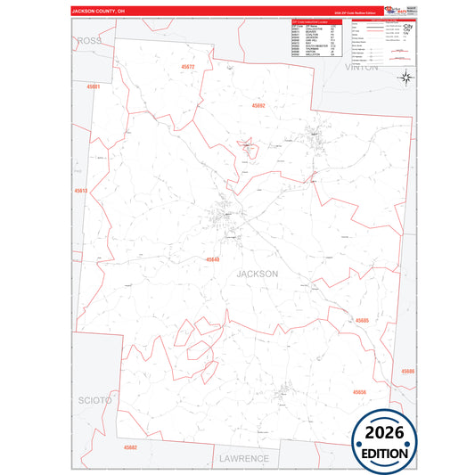 Jackson County, OH Red Line 5 Digit ZIP Code Wall Map