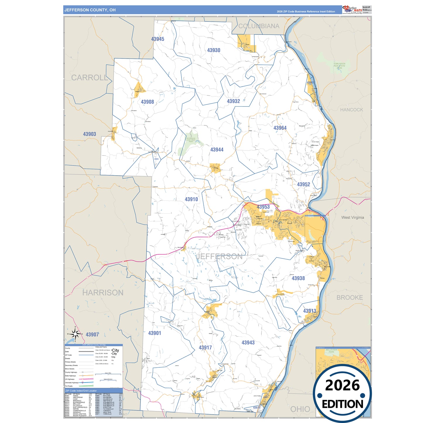 Jefferson County, OH Business Reference 5 Digit ZIP Code Wall Map