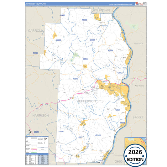 Jefferson County, OH Business Reference 5 Digit ZIP Code Wall Map