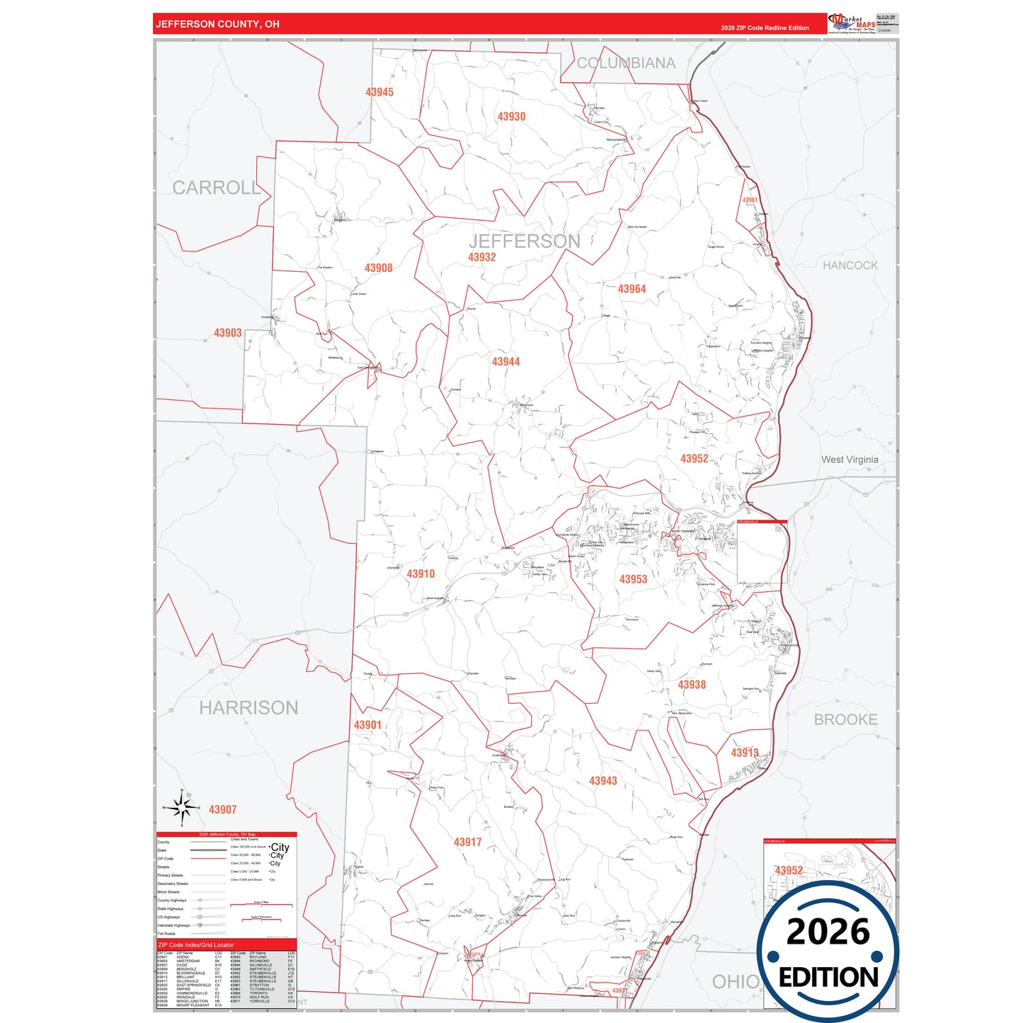 Jefferson County, OH Red Line 5 Digit ZIP Code Wall Map