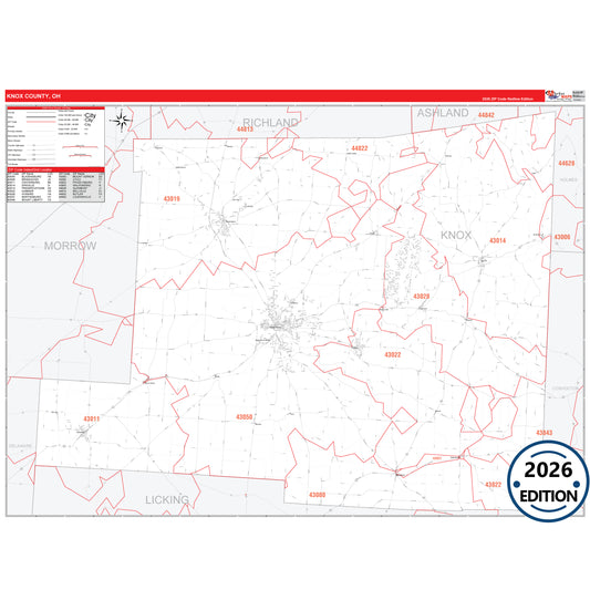 Knox County, OH Red Line 5 Digit ZIP Code Wall Map