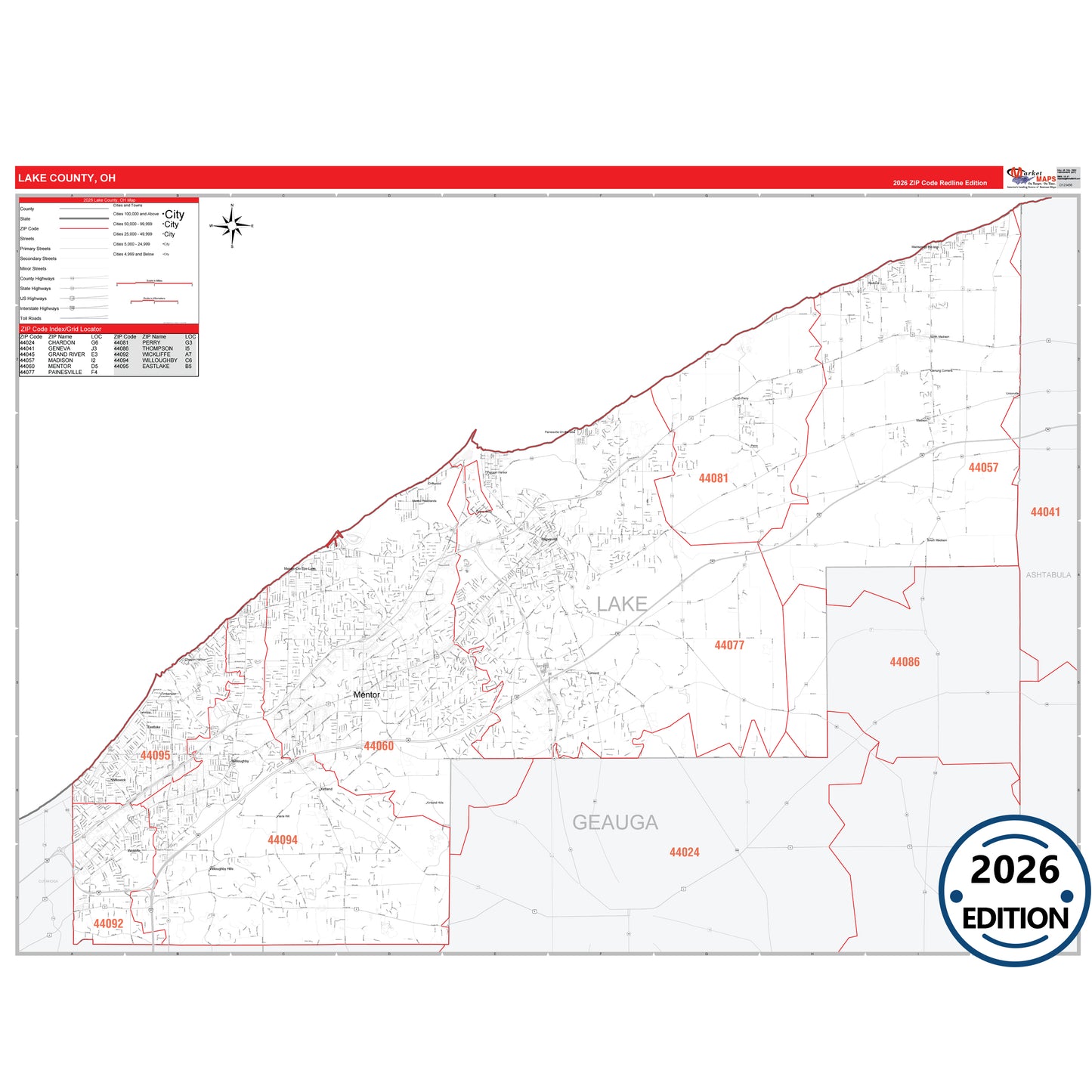 Lake County, OH Red Line 5 Digit ZIP Code Wall Map