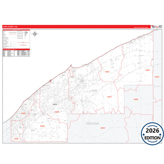 Lake County, OH Red Line 5 Digit ZIP Code Wall Map