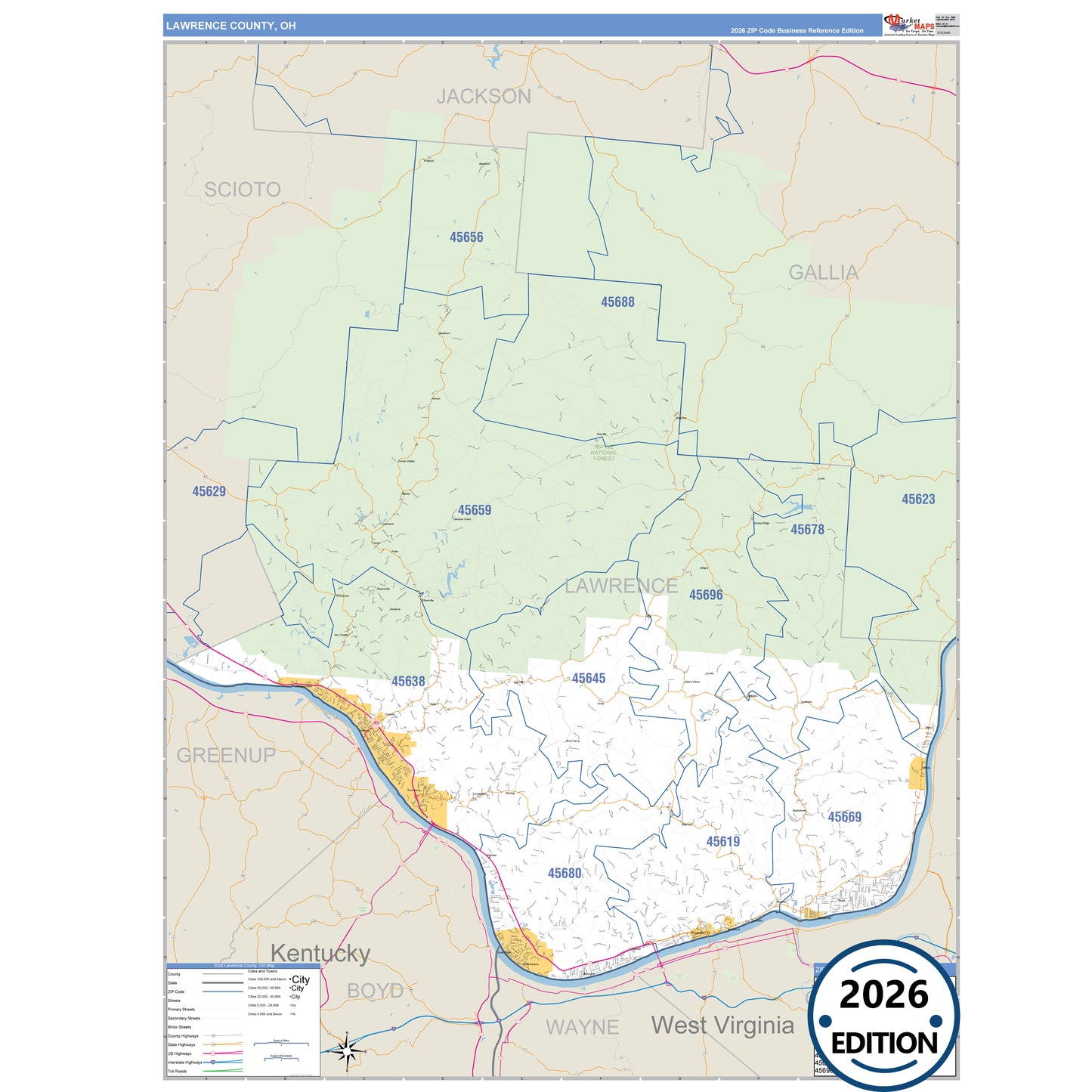 Lawrence County, OH Business Reference 5 Digit ZIP Code Wall Map