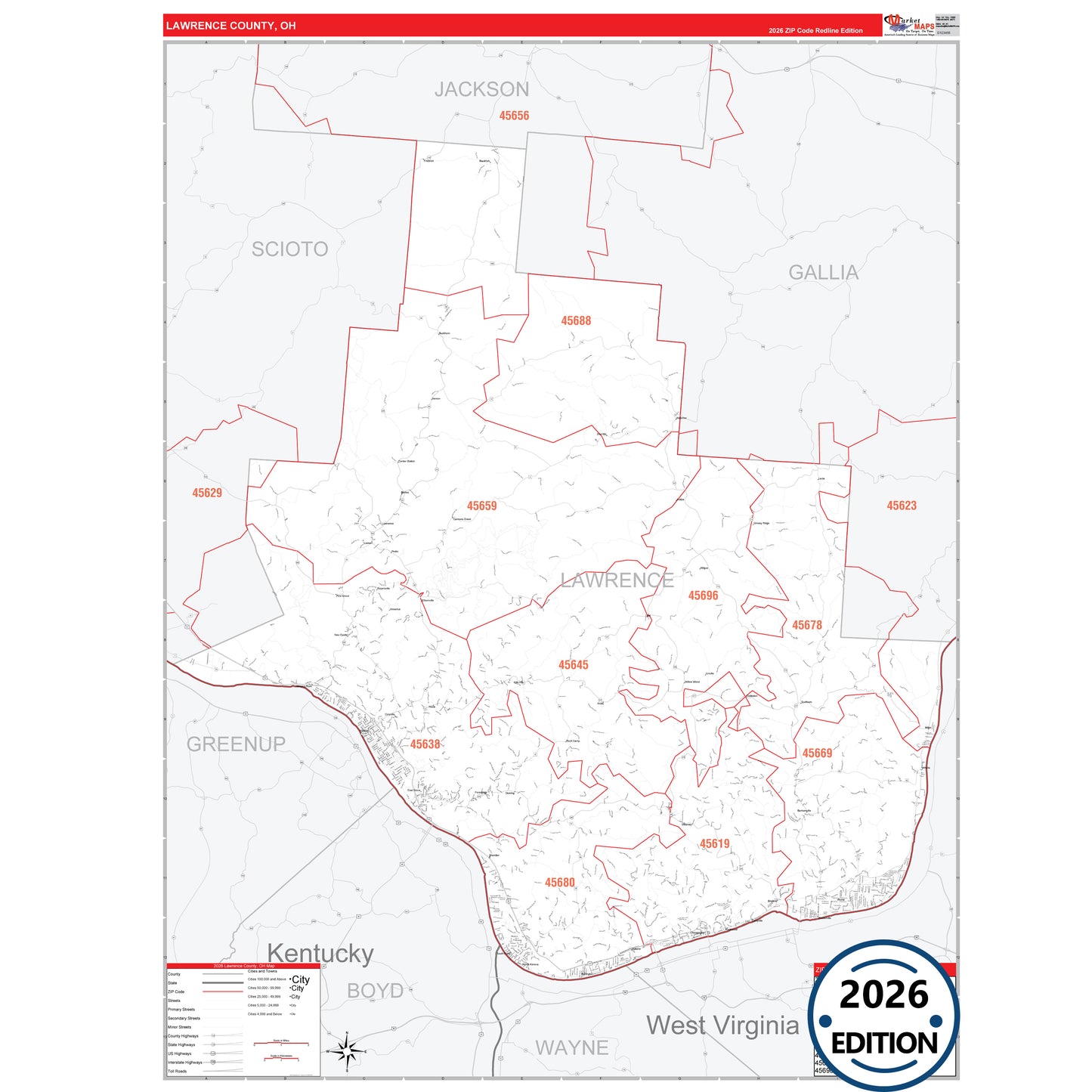 Lawrence County, OH Red Line 5 Digit ZIP Code Wall Map