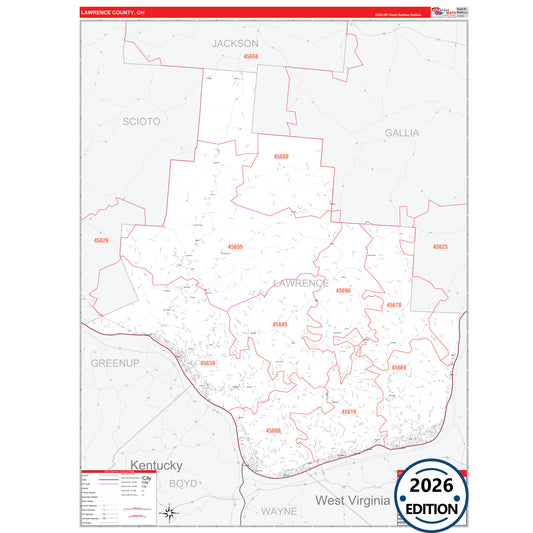 Lawrence County, OH Red Line 5 Digit ZIP Code Wall Map