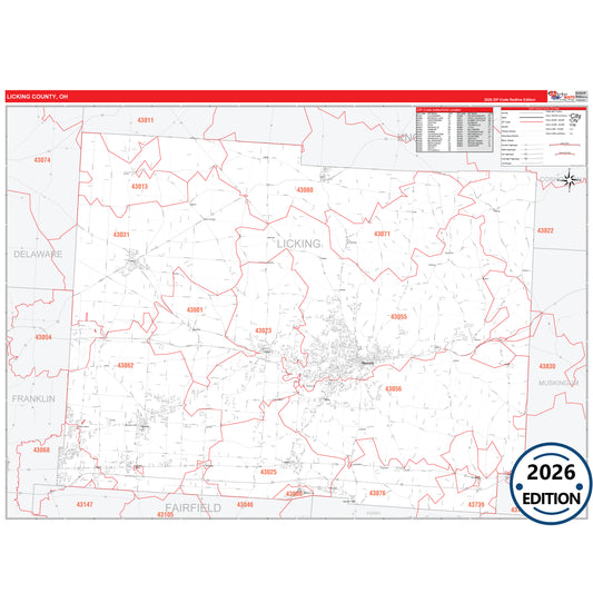 Licking County, OH Red Line 5 Digit ZIP Code Wall Map