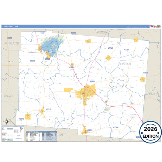Logan County, OH Business Reference 5 Digit ZIP Code Wall Map