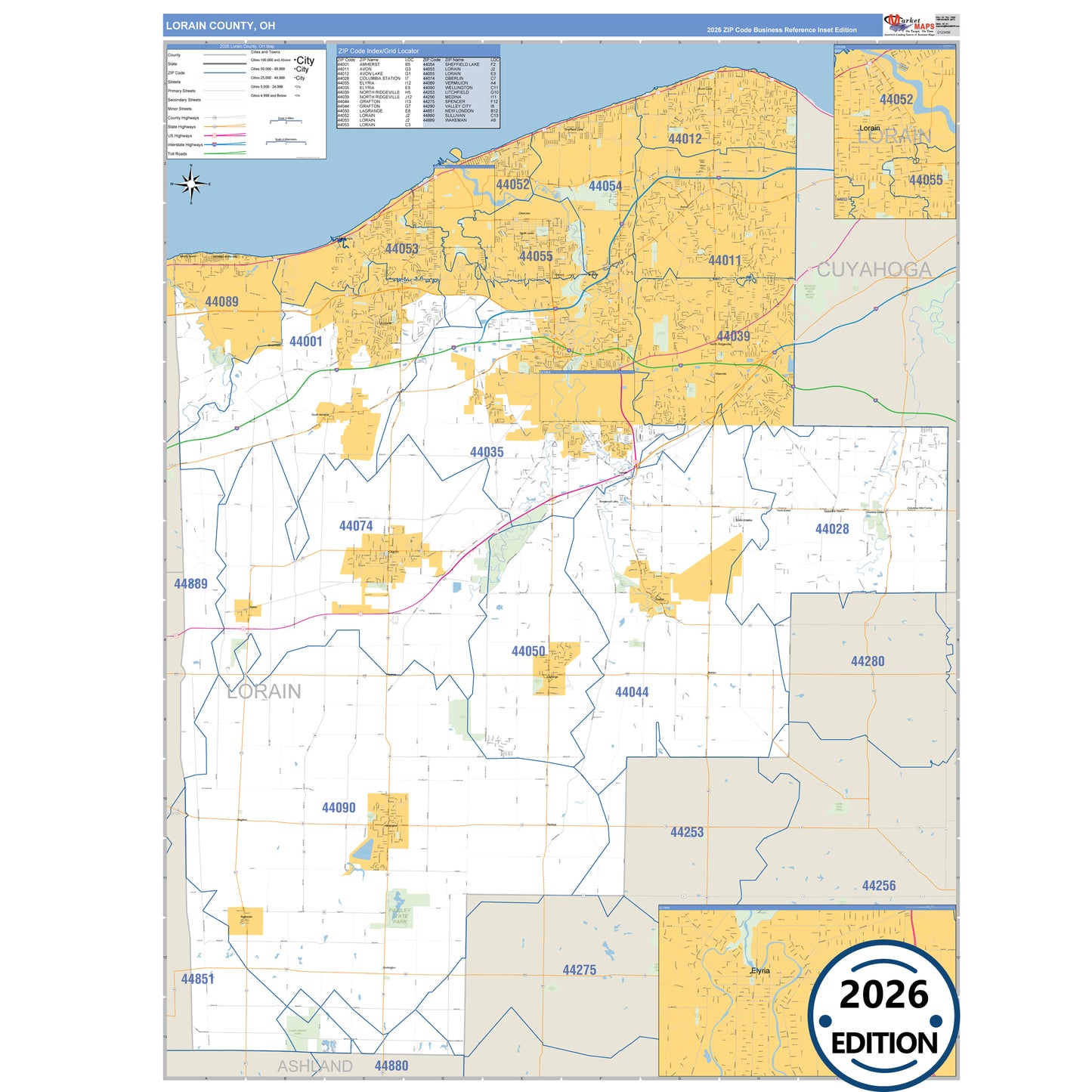 Lorain County, OH Business Reference 5 Digit ZIP Code Wall Map
