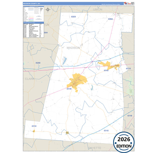 Madison County, OH Business Reference 5 Digit ZIP Code Wall Map