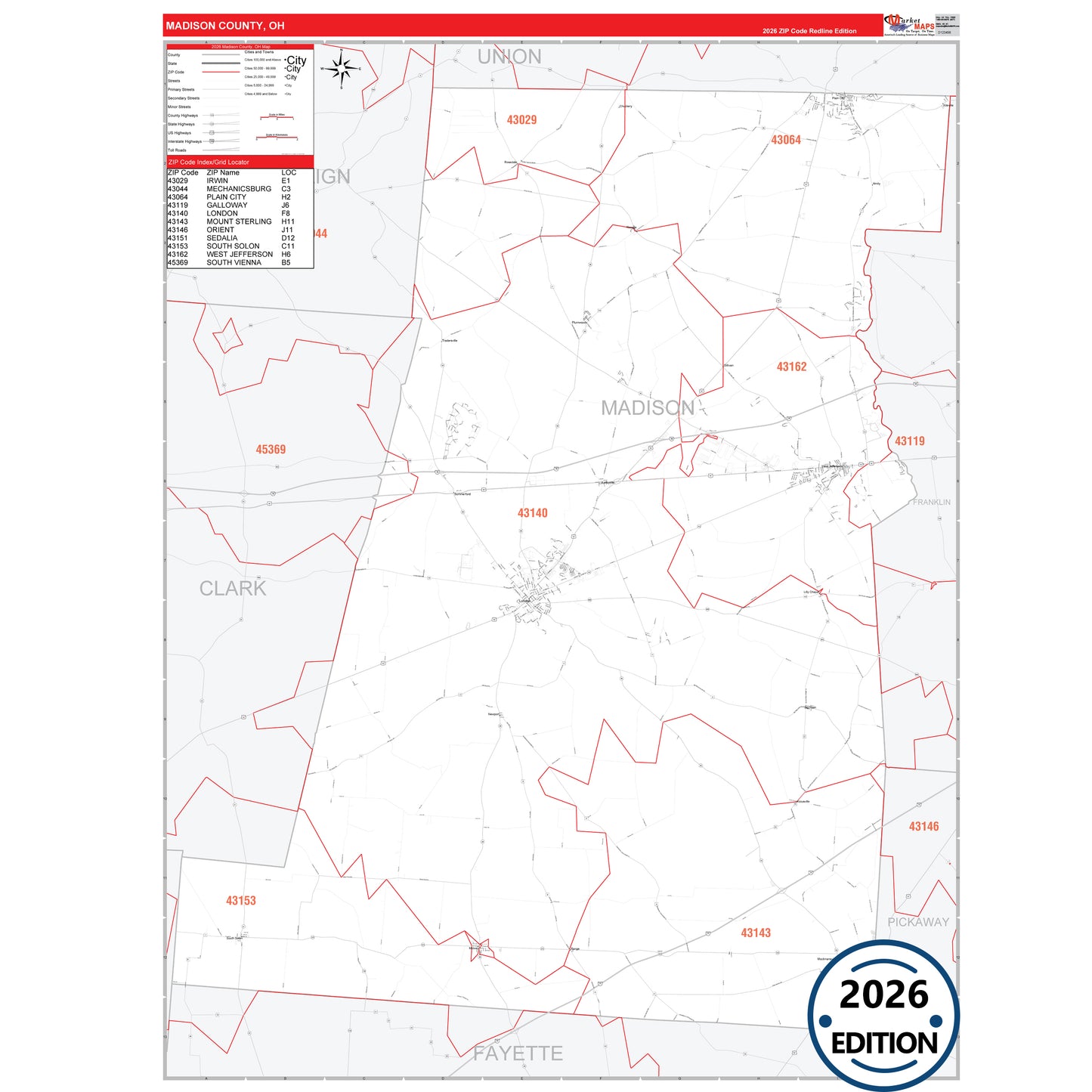 Madison County, OH Red Line 5 Digit ZIP Code Wall Map