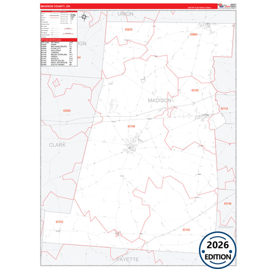 Madison County, OH Red Line 5 Digit ZIP Code Wall Map