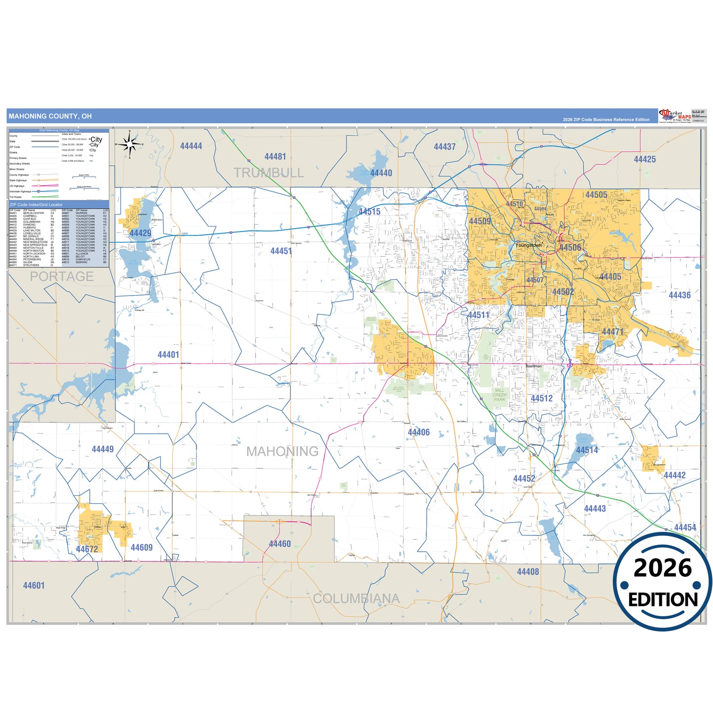 Mahoning County, OH Business Reference 5 Digit ZIP Code Wall Map