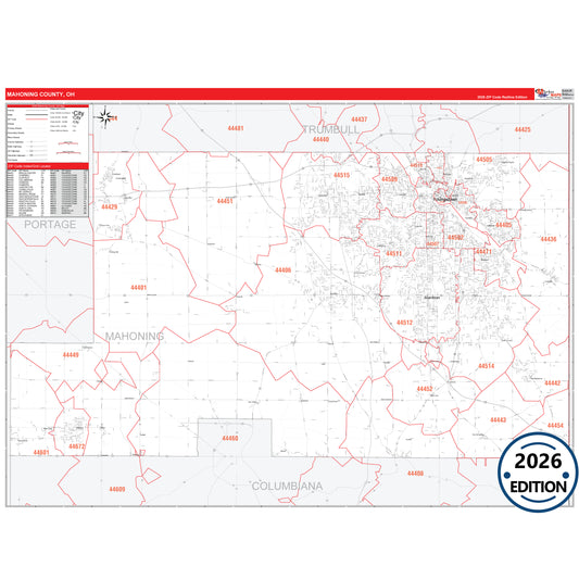 Mahoning County, OH Red Line 5 Digit ZIP Code Wall Map