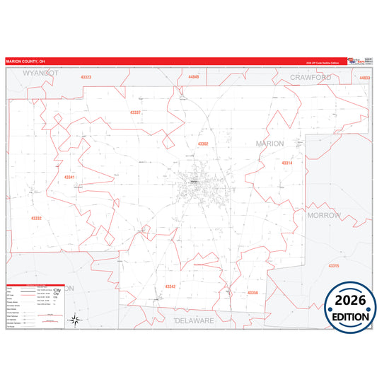 Marion County, OH Red Line 5 Digit ZIP Code Wall Map