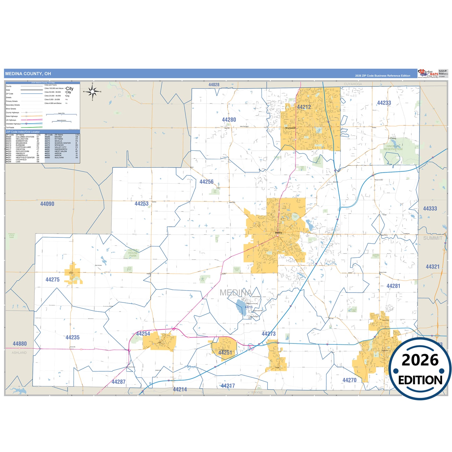 Medina County, OH Business Reference 5 Digit ZIP Code Wall Map
