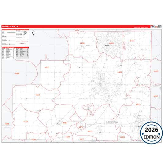 Medina County, OH Red Line 5 Digit ZIP Code Wall Map