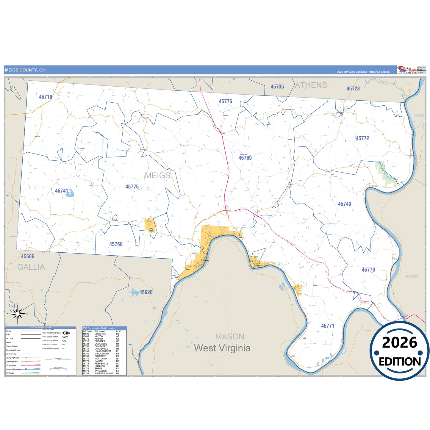 Meigs County, OH Business Reference 5 Digit ZIP Code Wall Map