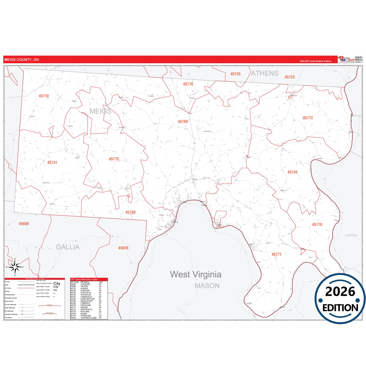 Meigs County, OH Red Line 5 Digit ZIP Code Wall Map