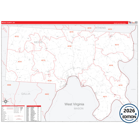 Meigs County, OH Red Line 5 Digit ZIP Code Wall Map