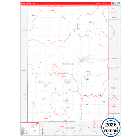 Mercer County, OH Red Line 5 Digit ZIP Code Wall Map
