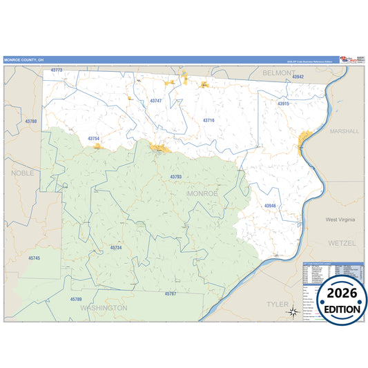 Monroe County, OH Business Reference 5 Digit ZIP Code Wall Map