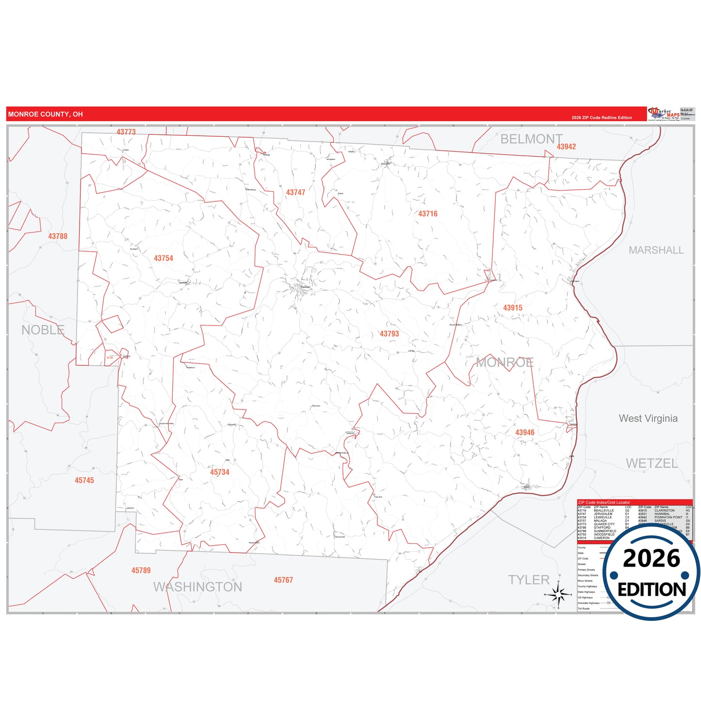 Monroe County, OH Red Line 5 Digit ZIP Code Wall Map