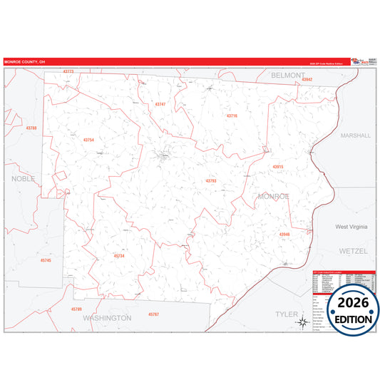 Monroe County, OH Red Line 5 Digit ZIP Code Wall Map
