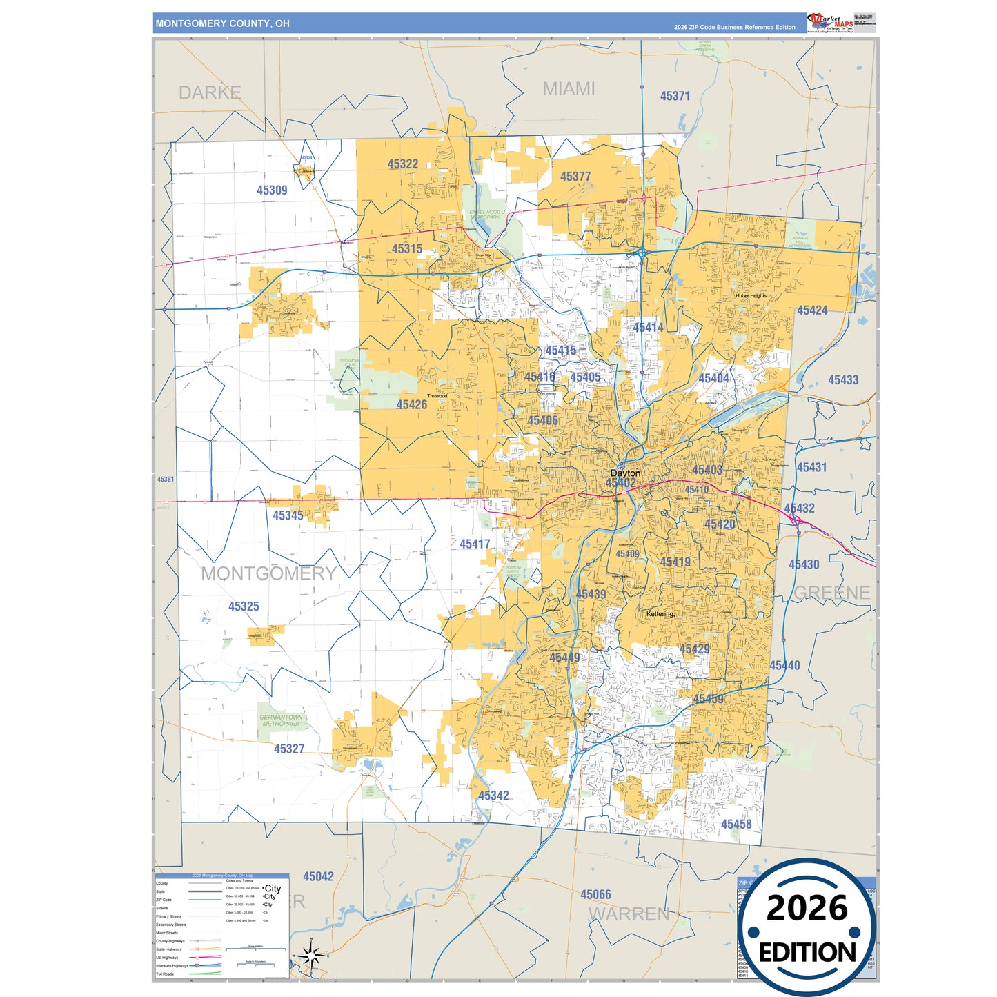 Montgomery County, OH Business Reference 5 Digit ZIP Code Wall Map