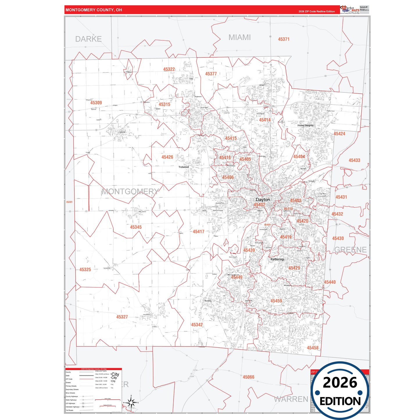 Montgomery County, OH Red Line 5 Digit ZIP Code Wall Map