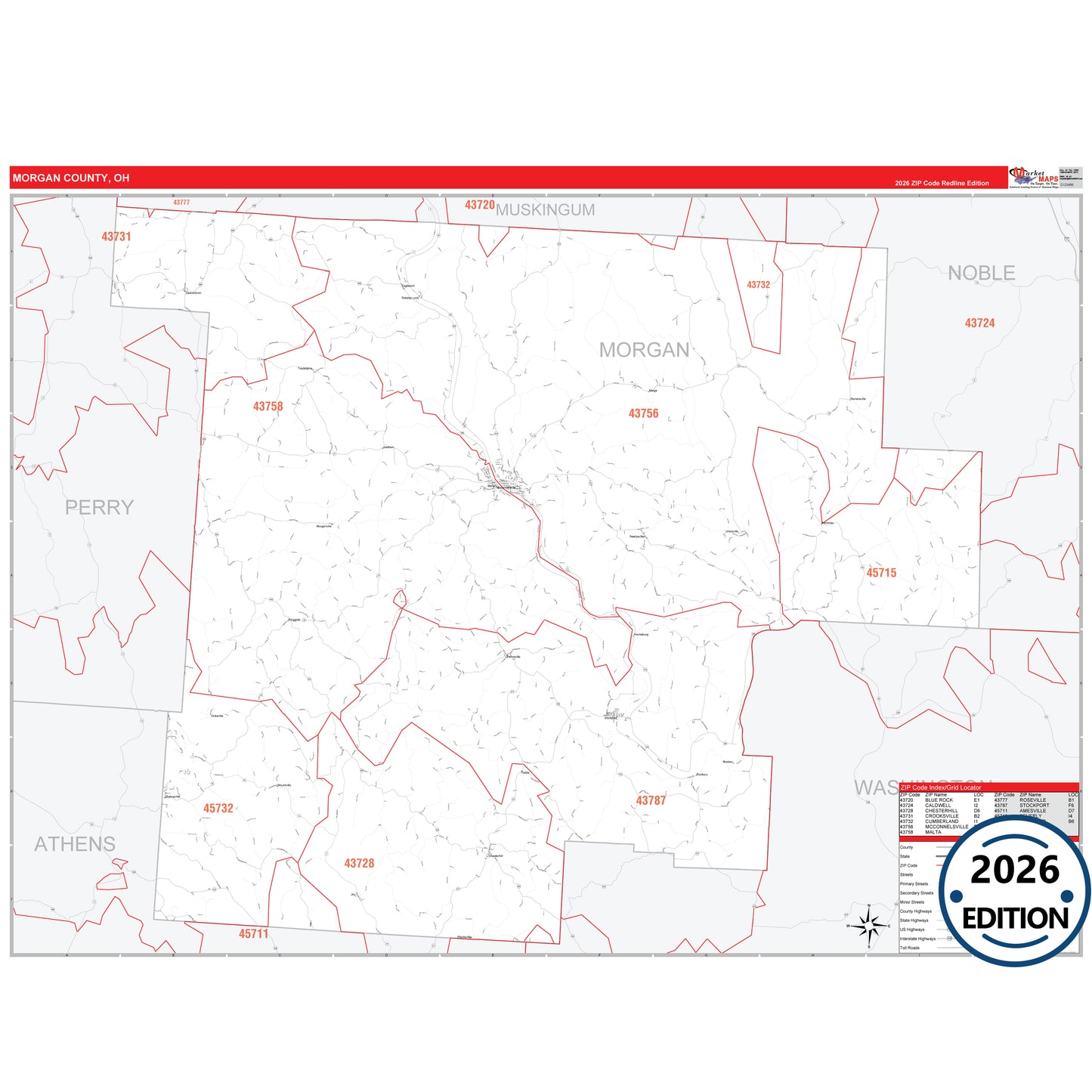 Morgan County, OH Red Line 5 Digit ZIP Code Wall Map